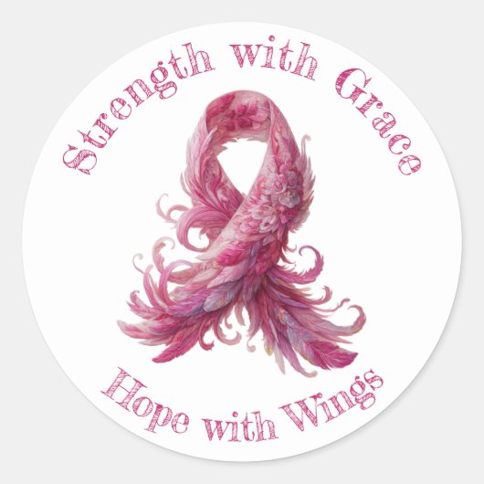 Strength with Grace – Pink Feather Breast Cancer Runder Aufkleber (Vorderseite)