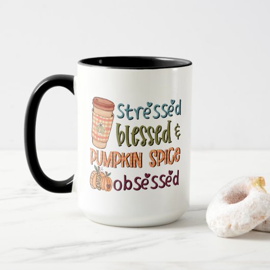 Stressgesegnet & Pumpkin Gewürz besessen Herbst Tasse (Mit Donut)
