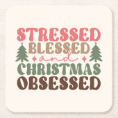 Stresst, gesegnet und Weihnachten besessen Rechteckiger Pappuntersetzer (Vorderseite)
