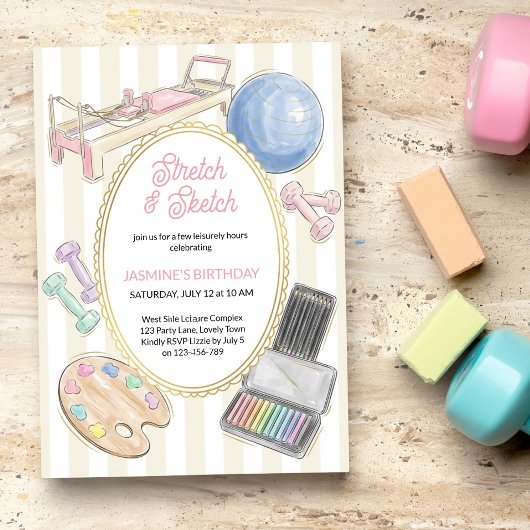 Stretch and Sketch Pilates Art Birthday Party Einladung