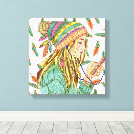 Stretch Leinwand Boho Hat Girl (Insitu (Holzboden))