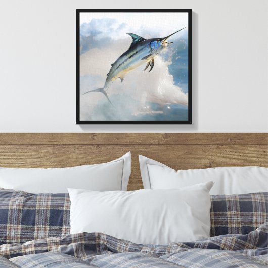 Stretched Canvas Print with Jumping Marlin Leinwanddruck (Insitu (Schlafzimmer))