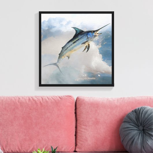 Stretched Canvas Print with Jumping Marlin Leinwanddruck (Insitu (Wohnzimmer))