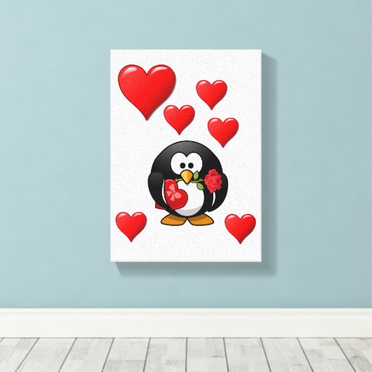 Stretchierte Canvas Print Valentine's Pinguin Leinwanddruck (Insitu (Holzboden))