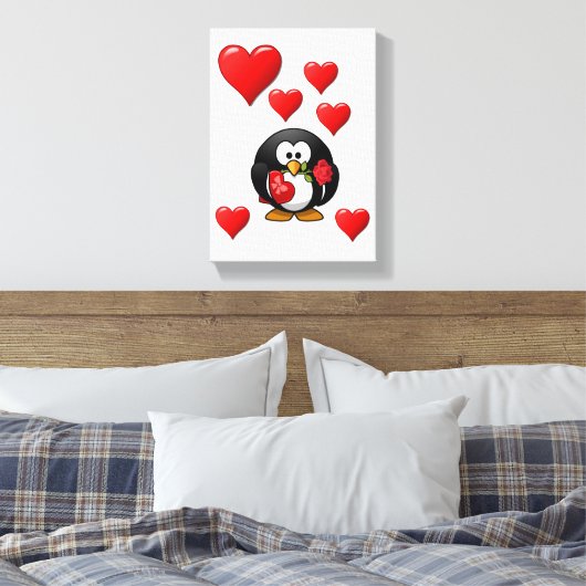 Stretchierte Canvas Print Valentine's Pinguin Leinwanddruck (Insitu (Schlafzimmer))