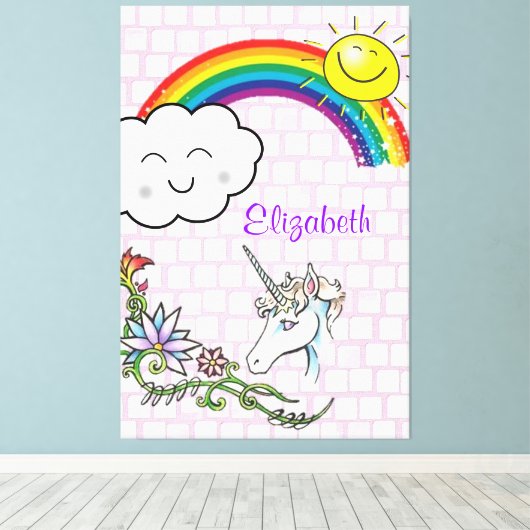 Stretchierte Canvas Printwerbung Regenbogen Einhor Leinwanddruck (Insitu (Holzboden))