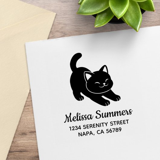 Stretching Black Cat Address Gummistempel