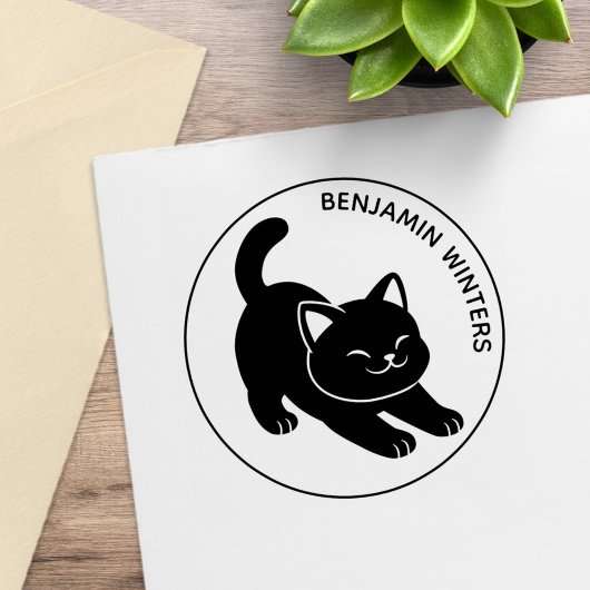 Stretching Black Cat Custom Text Gummistempel