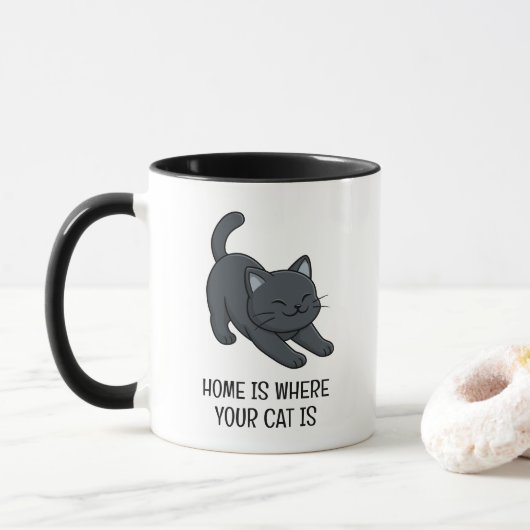 Stretching Black Cat Custom Text Tasse (Mit Donut)