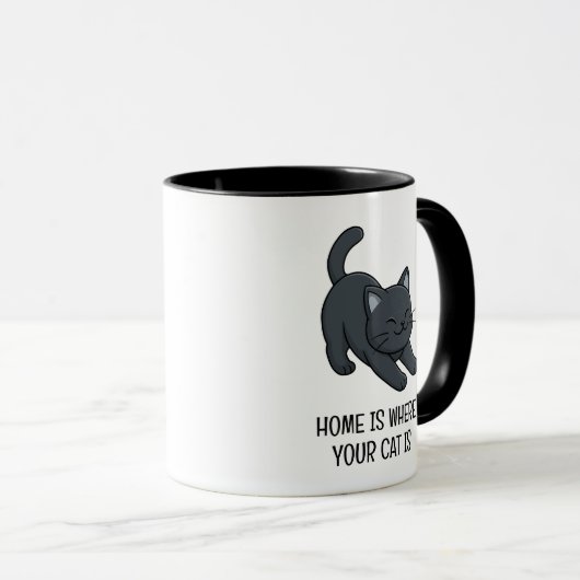 Stretching Black Cat Custom Text Tasse (VorderseiteRechts)