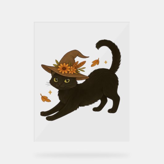 Stretching Black Cat - Witchy Autumn Classic T-Shi Acrylschild (Vorderseite)