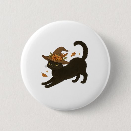 Stretching Black Cat � Witchy Autumn Classic T-Shi Button (Vorderseite)