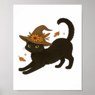 Stretching Black Cat - Witchy Autumn Classic T-Shi Poster