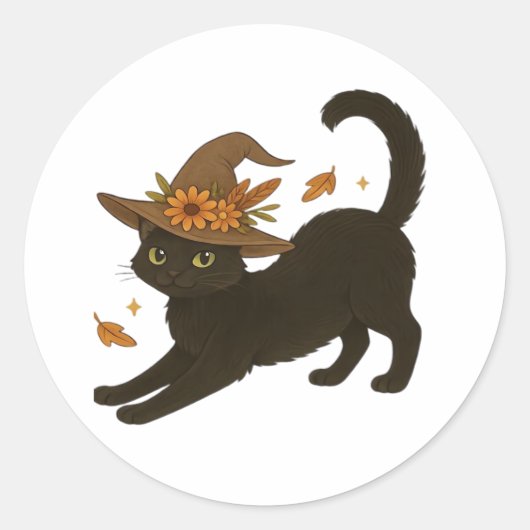 Stretching Black Cat - Witchy Autumn Classic T-Shi Runder Aufkleber (Vorderseite)