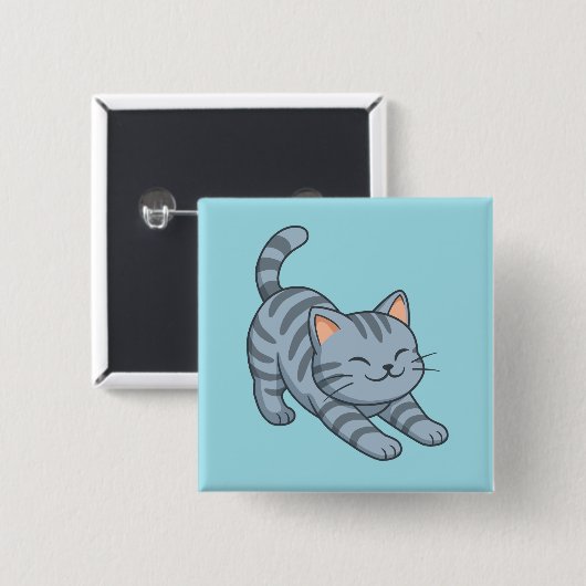 Stretching Grey Tabby Cat Blue Button (Vorne & Hinten)