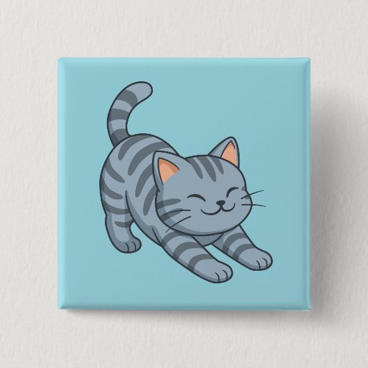 Stretching Grey Tabby Cat Blue Button (Vorderseite)