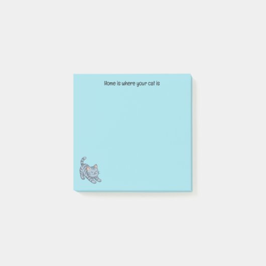 Stretching Grey Tabby Cat Blue Custom Text Post-it Klebezettel (Vorderseite)