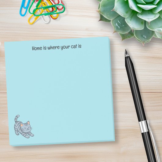 Stretching Grey Tabby Cat Blue Custom Text Post-it Klebezettel