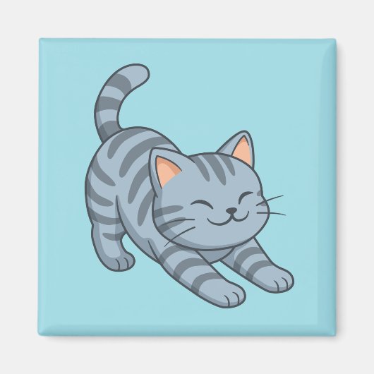 Stretching Grey Tabby Cat Blue Magnet (Vorne)
