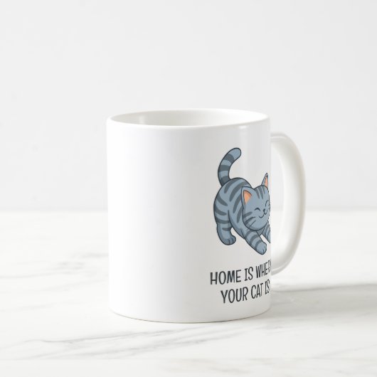 Stretching Grey Tabby Cat Custom Text Kaffeetasse (VorderseiteRechts)