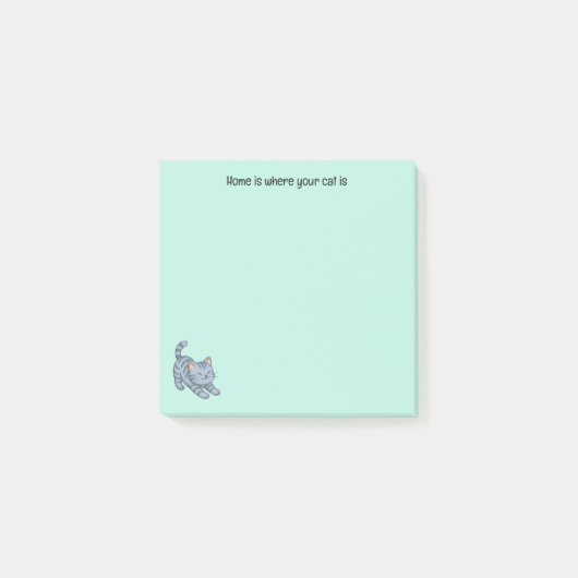 Stretching Grey Tabby Cat Green Custom Text Post-it Klebezettel (Vorderseite)