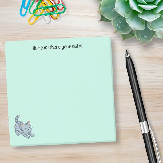 Stretching Grey Tabby Cat Green Custom Text Post-it Klebezettel