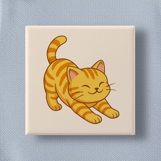 Stretching Orange Tabby Cat Beige Button