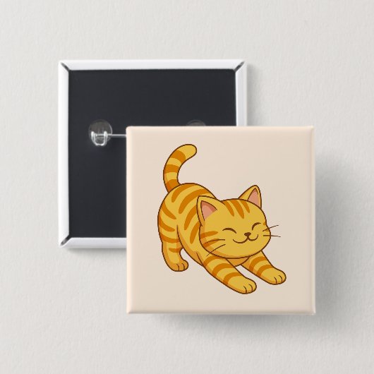 Stretching Orange Tabby Cat Beige Button (Vorne & Hinten)