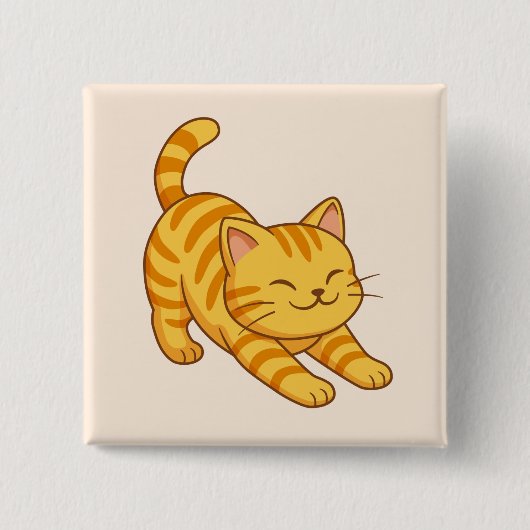 Stretching Orange Tabby Cat Beige Button (Vorderseite)