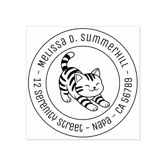 Stretching Tabby Cat Round Address Gummistempel (Prägung)