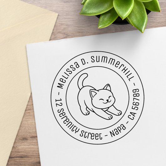 Stretching White Cat Round Address Gummistempel