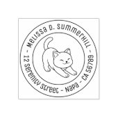 Stretching White Cat Round Address Gummistempel (Prägung)