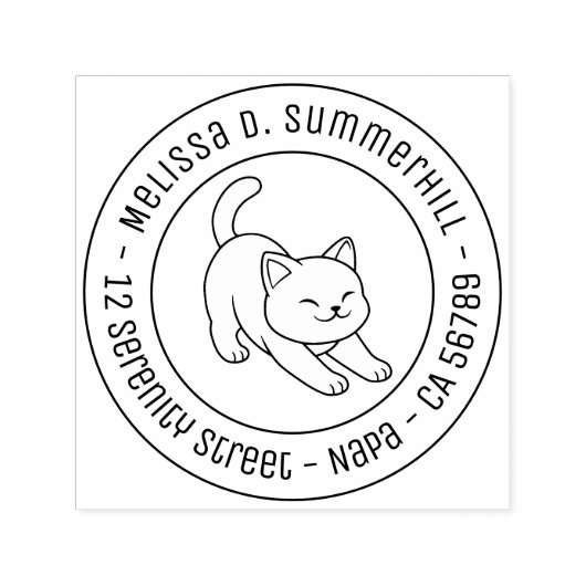 Stretching White Cat Round Address Permastempel (Design)