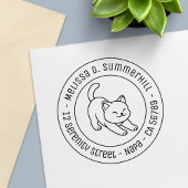 Stretching White Cat Round Address Permastempel