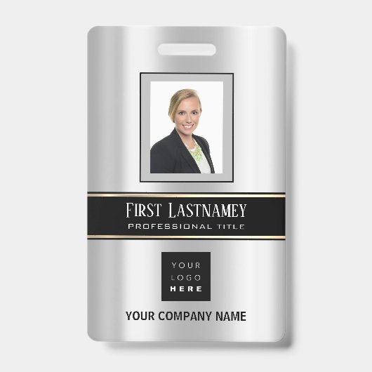 Strichcode Foto Name ID Card Vertikal Metal Grau Ausweis (Vorderseite)