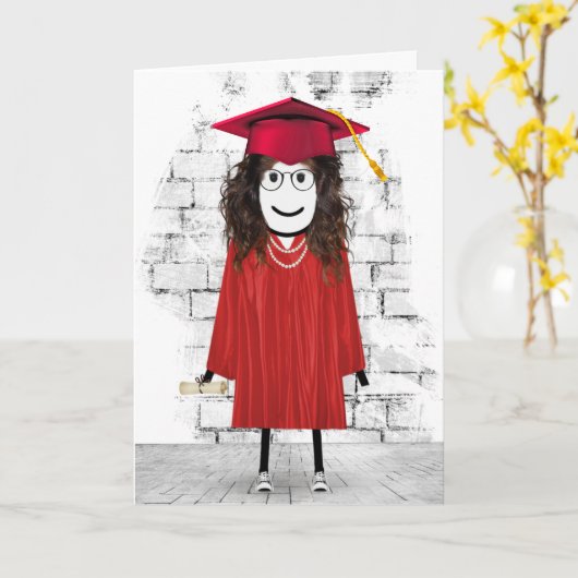 Strichfigur-Mädchen-Absolvent Karte (Gelbe Blume)