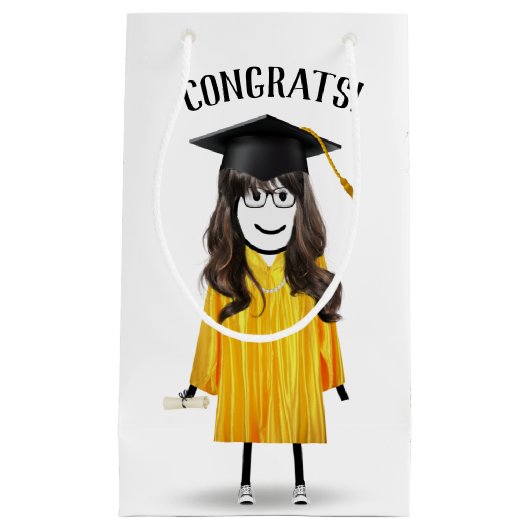 Strichfigur-Mädchen-Absolvent mit Black Cap und Di Kleine Geschenktüte (Vorderseite)