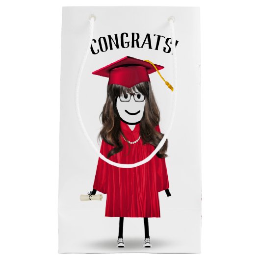 Strichfigur-Mädchen-Absolvent mit Red Cap und Dipl Kleine Geschenktüte (Vorderseite)