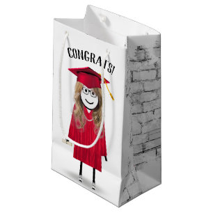 Strichfigur-Mädchen-Absolvent mit Red Cap und Dipl Kleine Geschenktüte