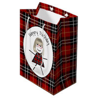 Strichfigur-Mädchen am Geburtstag auf Tartan Karie