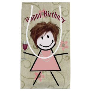 Strichfigur-Mädchen am Geburtstag mit Rotwein Kleine Geschenktüte