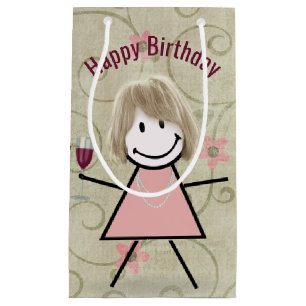 Strichfigur-Mädchen am Geburtstag mit Rotwein Kleine Geschenktüte