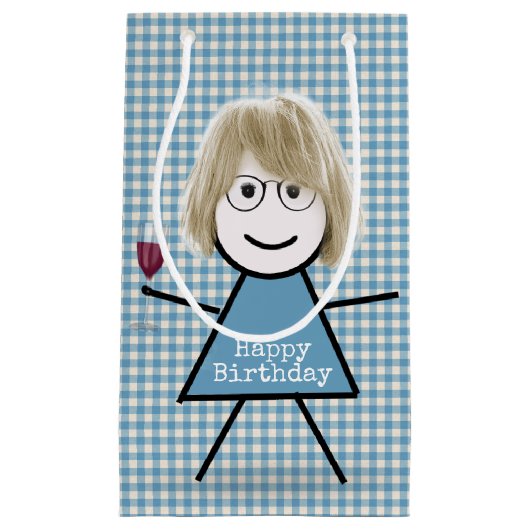 Strichfigur-Mädchen am Gingham mit Wein Kleine Geschenktüte (Vorderseite)