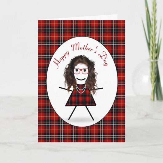Strichfigur-Mädchen am Muttertag auf Tartan Karier Feiertagskarte (Vorderseite)