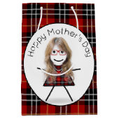 Strichfigur-Mädchen der Mutter auf Tartan Kariert Mittlere Geschenktüte (Vorderseite)