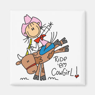 Strichfigur-Mädchen-Fahrem-Cowgirl-T-Shirts und Magnet