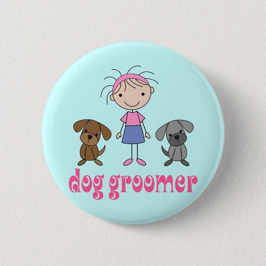 Strichfigur-Mädchen-Haustier-Berufs-HundeGroomer Button (Vorderseite)