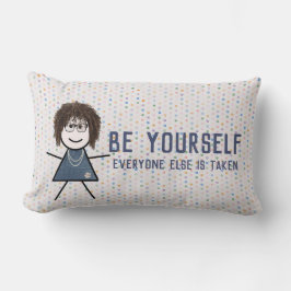 Strichfigur-Mädchen in Denim Kleid mit Zitat Lendenkissen