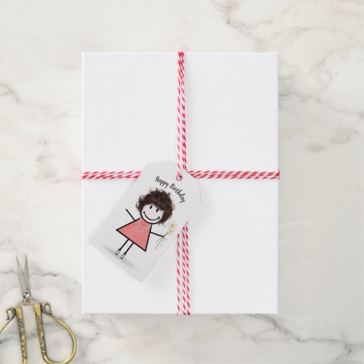 Strichfigur-Mädchen in Gingham Dress Geschenkanhänger (Mit Garn)