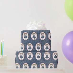 Strichfigur-Mädchen in Sneakern auf blauem Denim Geschenkpapier